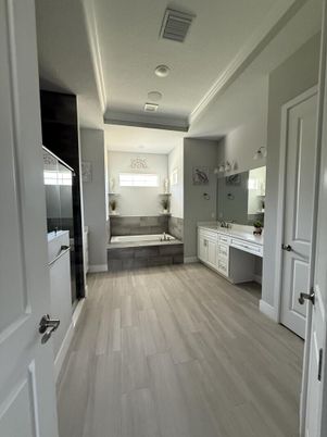 Bathroom, Dual Sink Vanities, Interior, Recessed Lighting, Wood Texture Flooring