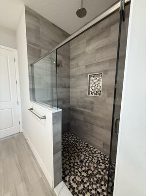 Bathroom, Glass Shower, Interior, Wood Texture Flooring, Wooden Walls