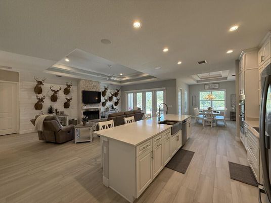 Dining room, Fireplace, Interior, Kitchen, Living room, Pendant Lights, Recessed Lighting, Wood Texture Flooring