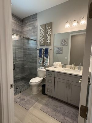 Bathroom, Glass Shower, Interior, Wood Texture Flooring