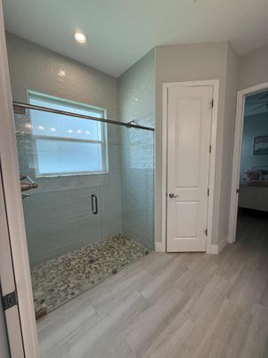 Bathroom, Glass Shower, Interior, Recessed Lighting, Wood Texture Flooring