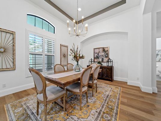 Dining room, Interior, Pendant Lights, Recessed Lighting, Wood Texture Flooring