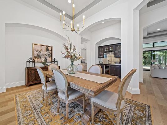 Chandelier, Dining room, Interior, Pendant Lights, Recessed Lighting, Wood Texture Flooring