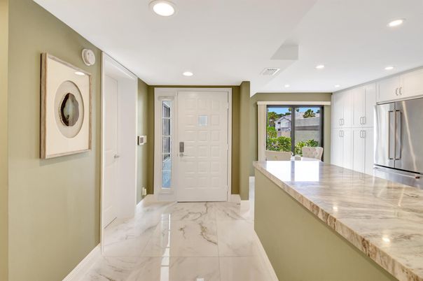 Interior, Kitchen, Marble, Recessed Lighting, Stainless Steel Appliances