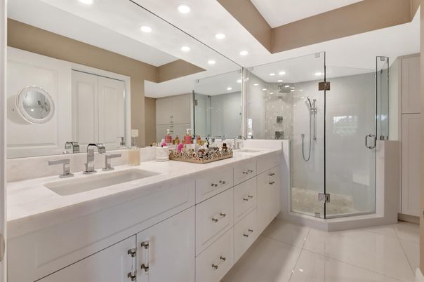Bathroom, Dual Sink Vanities, Glass Shower, Interior, Recessed Lighting