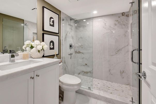 Bathroom, Glass Shower, Interior, Marble Walls, Recessed Lighting