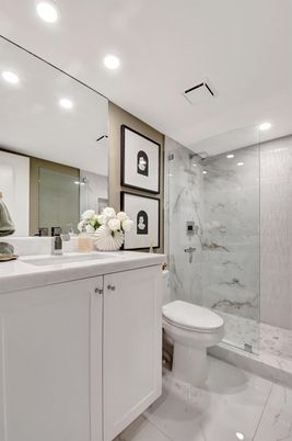 Bathroom, Glass Shower, Interior, Marble, Marble Walls, Recessed Lighting