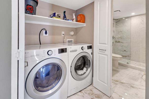 Bathroom, Interior, Marble, Recessed Lighting, Utility Closets, Washer