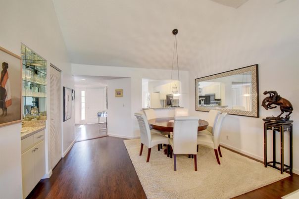 Dining room, Interior, Pendant Lights, Recessed Lighting, Wood Texture Flooring
