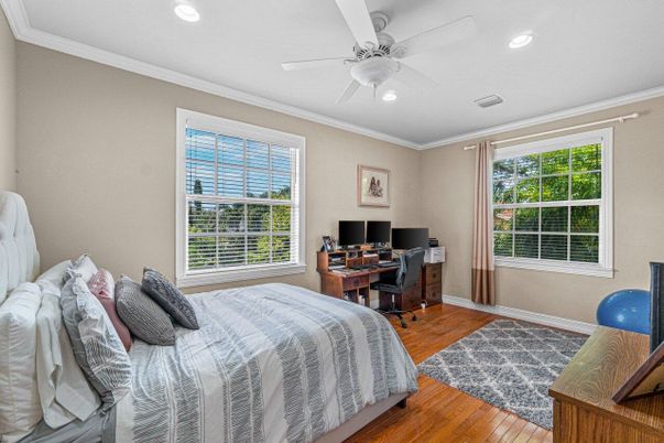 Bedroom, Home Office, Interior, Recessed Lighting, Wood Texture Flooring