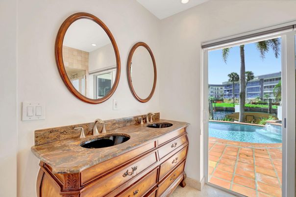 Bathroom, Dual Sink Vanities, Interior, Pool, Recessed Lighting