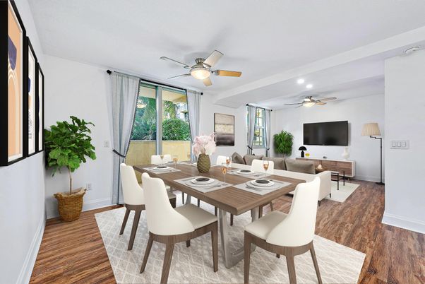 Dining room, Interior, Living room, Recessed Lighting, Wood Texture Flooring