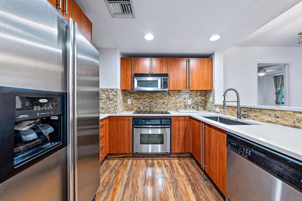 Interior, Kitchen, Recessed Lighting, Stainless Steel Appliances, Wood Texture Flooring