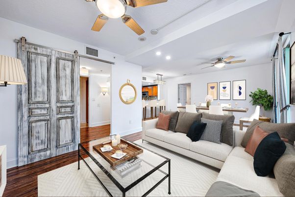 Dining room, Interior, Living room, Pendant Lights, Recessed Lighting, Wood Texture Flooring