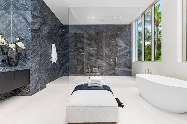 Bathroom, Free Standing Baths, Glass Shower, Interior, Marble Walls, Recessed Lighting