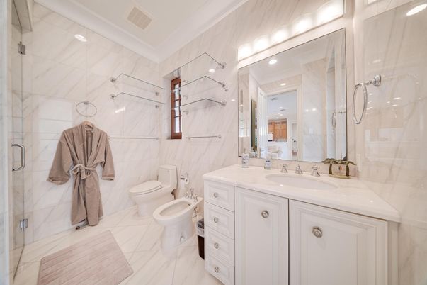 Bathroom, Glass Shower, Interior, Marble, Marble Walls, Recessed Lighting