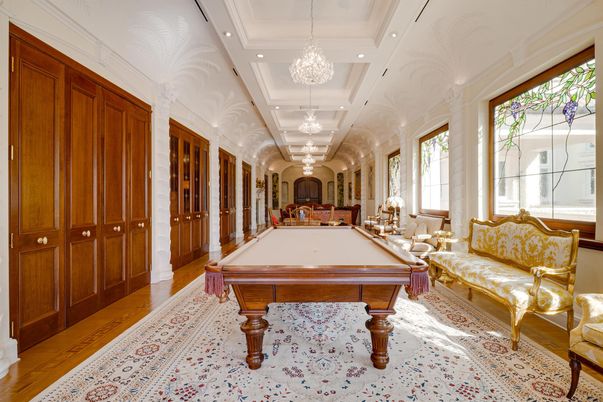 Billiard Table, Chandelier, Game Room, Interior, Recessed Lighting, Wood Texture Flooring