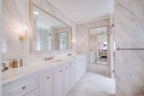 Bathroom, Dual Sink Vanities, Interior, Marble, Marble Walls, Recessed Lighting
