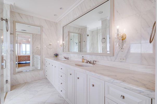 Bathroom, Dual Sink Vanities, Interior, Marble, Marble Walls, Recessed Lighting