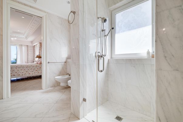 Bathroom, Bedroom, Glass Shower, Interior, Marble, Marble Walls, Recessed Lighting