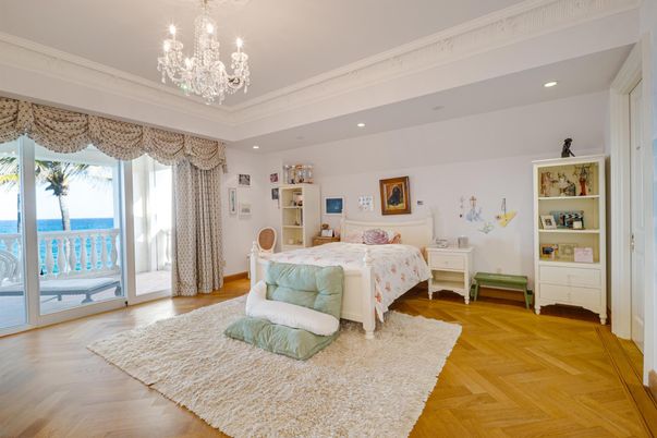 Bedroom, Chandelier, Interior, Recessed Lighting, Water, Wood Texture Flooring