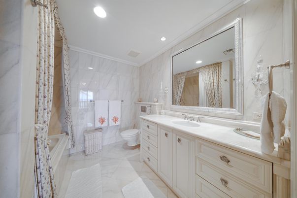 Bathroom, Dual Sink Vanities, Interior, Marble, Marble Walls, Recessed Lighting