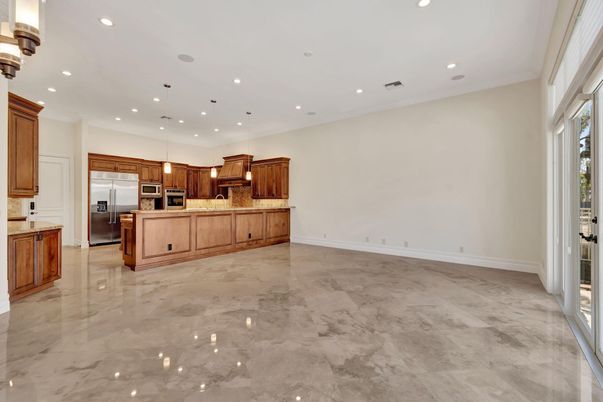 Interior, Kitchen, Marble, Pendant Lights, Recessed Lighting, Stainless Steel Appliances