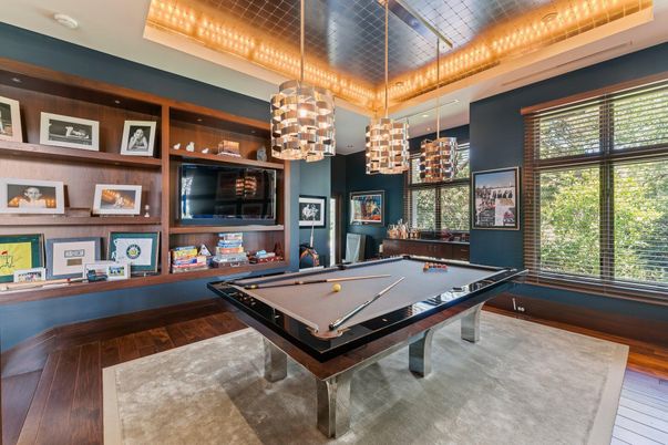 Billiard Table, Game Room, Interior, Pendant Lights, Wood Texture Flooring