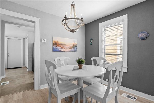 Chandelier, Dining room, Interior, Pendant Lights, Wood Texture Flooring