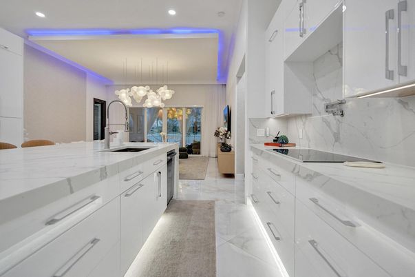 Interior, Kitchen, Marble, Marble Walls, Pendant Lights, Recessed Lighting