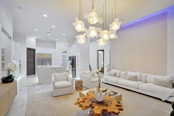 Interior, Kitchen, Living room, Marble, Pendant Lights, Recessed Lighting, Stainless Steel Appliances