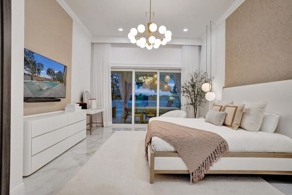 Bedroom, Interior, Marble, Pendant Lights, Recessed Lighting, Water