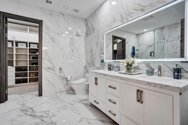 Bathroom, Dual Sink Vanities, Interior, Marble, Marble Walls, Recessed Lighting