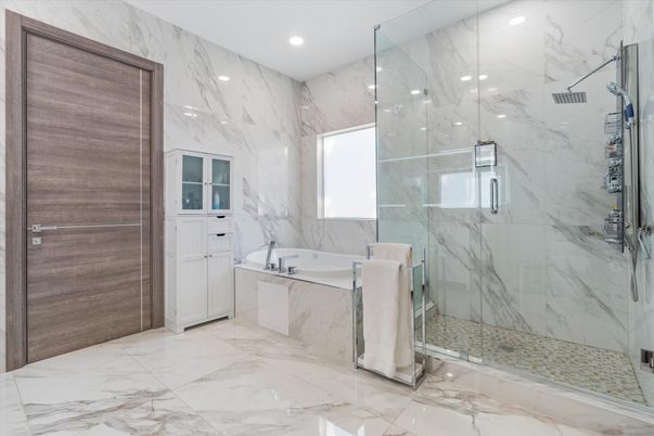 Bathroom, Glass Shower, Interior, Marble, Marble Walls, Recessed Lighting