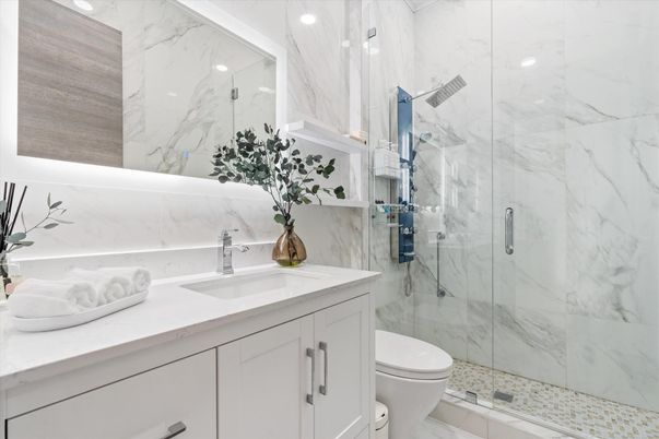 Bathroom, Glass Shower, Interior, Marble, Marble Walls, Recessed Lighting