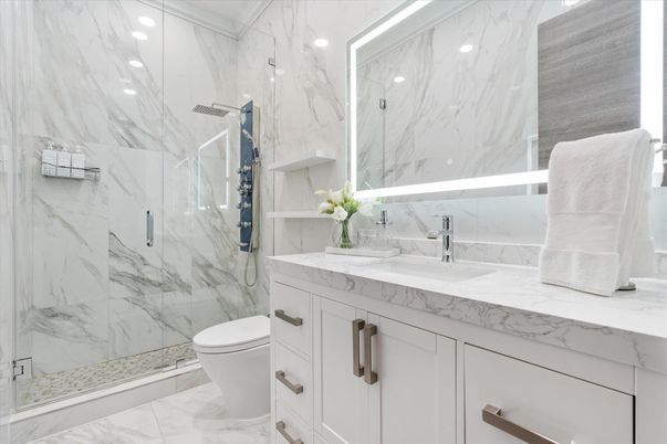 Bathroom, Glass Shower, Interior, Marble, Marble Walls, Recessed Lighting