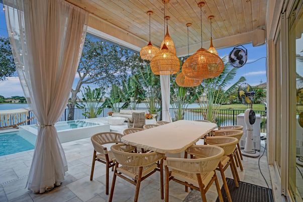 Dining room, Interior, Pendant Lights, Pool, Water, Wooden Ceilings