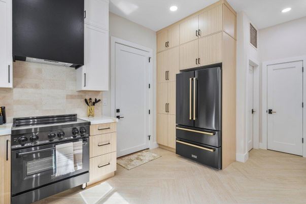 Interior, Kitchen, Recessed Lighting, Stainless Steel Appliances, Wood Texture Flooring