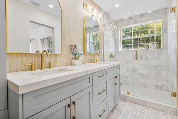 Bathroom, Dual Sink Vanities, Glass Shower, Interior, Marble Walls, Recessed Lighting