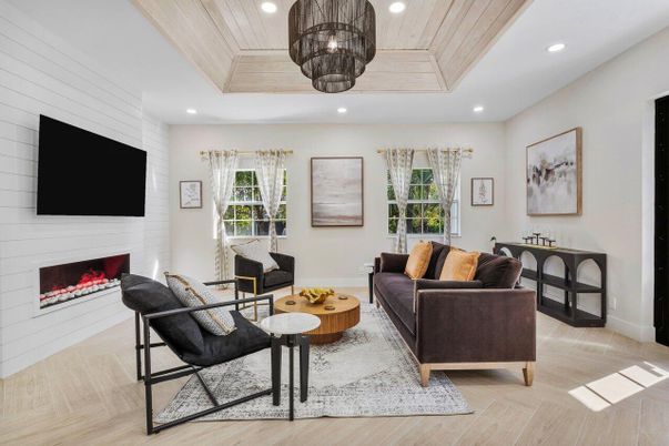 Fireplace, Interior, Living room, Recessed Lighting, Wooden Ceilings, Wood Texture Flooring
