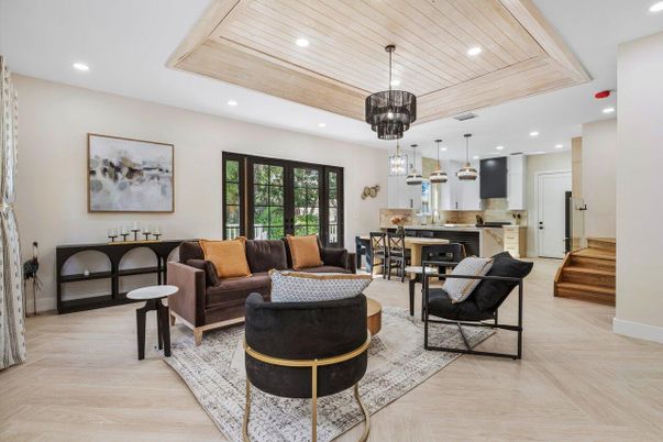 Dining room, Interior, Kitchen, Living room, Pendant Lights, Recessed Lighting, Stainless Steel Appliances, Wooden Ceilings, Wood Texture Flooring