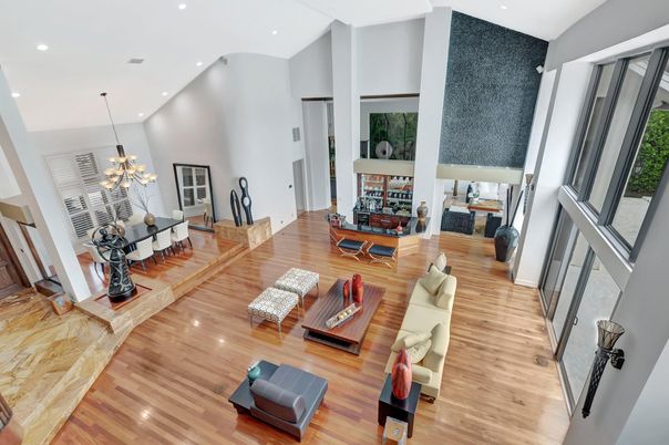 Dining room, Fireplace, Interior, Living room, Pendant Lights, Recessed Lighting, Wood Texture Flooring