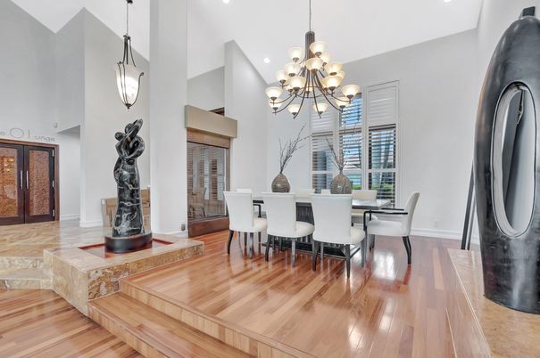 Chandelier, Dining room, Interior, Pendant Lights, Recessed Lighting, Wood Texture Flooring