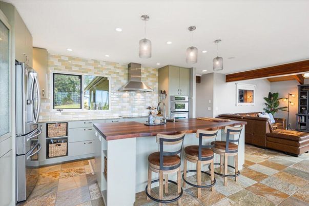 Interior, Kitchen, Living room, Pendant Lights, Recessed Lighting, Stainless Steel Appliances, Stone Walls