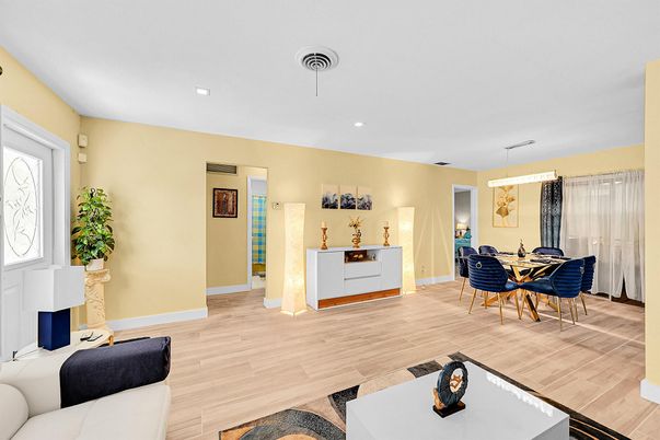 Dining room, Interior, Pendant Lights, Recessed Lighting, Wood Texture Flooring