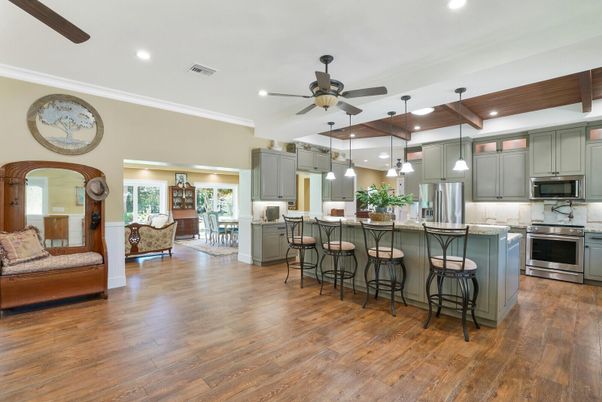 Interior, Kitchen, Living room, Pendant Lights, Recessed Lighting, Stainless Steel Appliances, Wooden Ceilings, Wood Texture Flooring