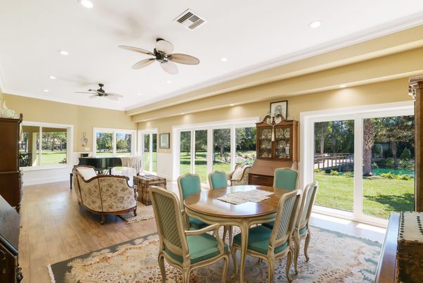 Dining room, Interior, Living room, Recessed Lighting, Wood Texture Flooring