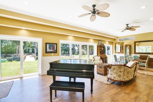 Interior, Living room, Piano, Recessed Lighting, Wood Texture Flooring