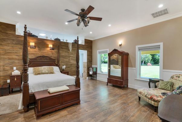 Bedroom, Interior, Recessed Lighting, Wood Texture Flooring