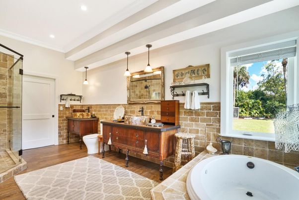 Bathroom, Glass Shower, Interior, Pendant Lights, Recessed Lighting, Stone Walls, Wood Texture Flooring